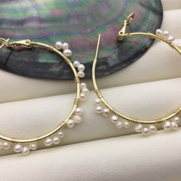 REAL White Cultured Pearl Hoop Earrings - 14K Yellow Gold Plate - Picture 6 of 7